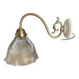 Holophane tulip brass swan neck wall lamp with porcelain rosette
