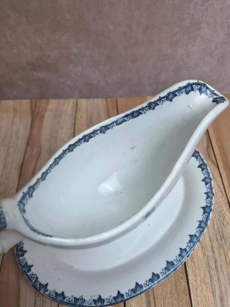 Antique sauce boat Sarreguemines bamboo shape – unlisted blue decoration – ironstone