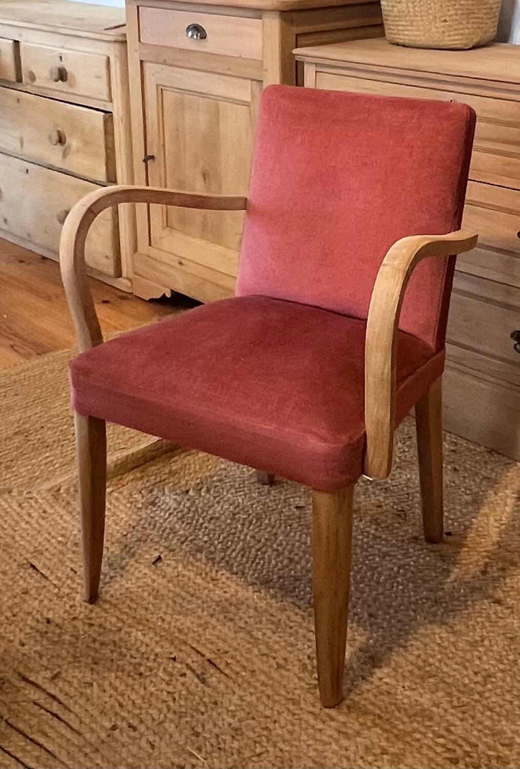 Pair of vintage bridge armchairs in solid raw wood and old pink