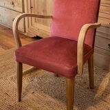 Paire de fauteuils bridge vintage en bois massif brut et vieux rose