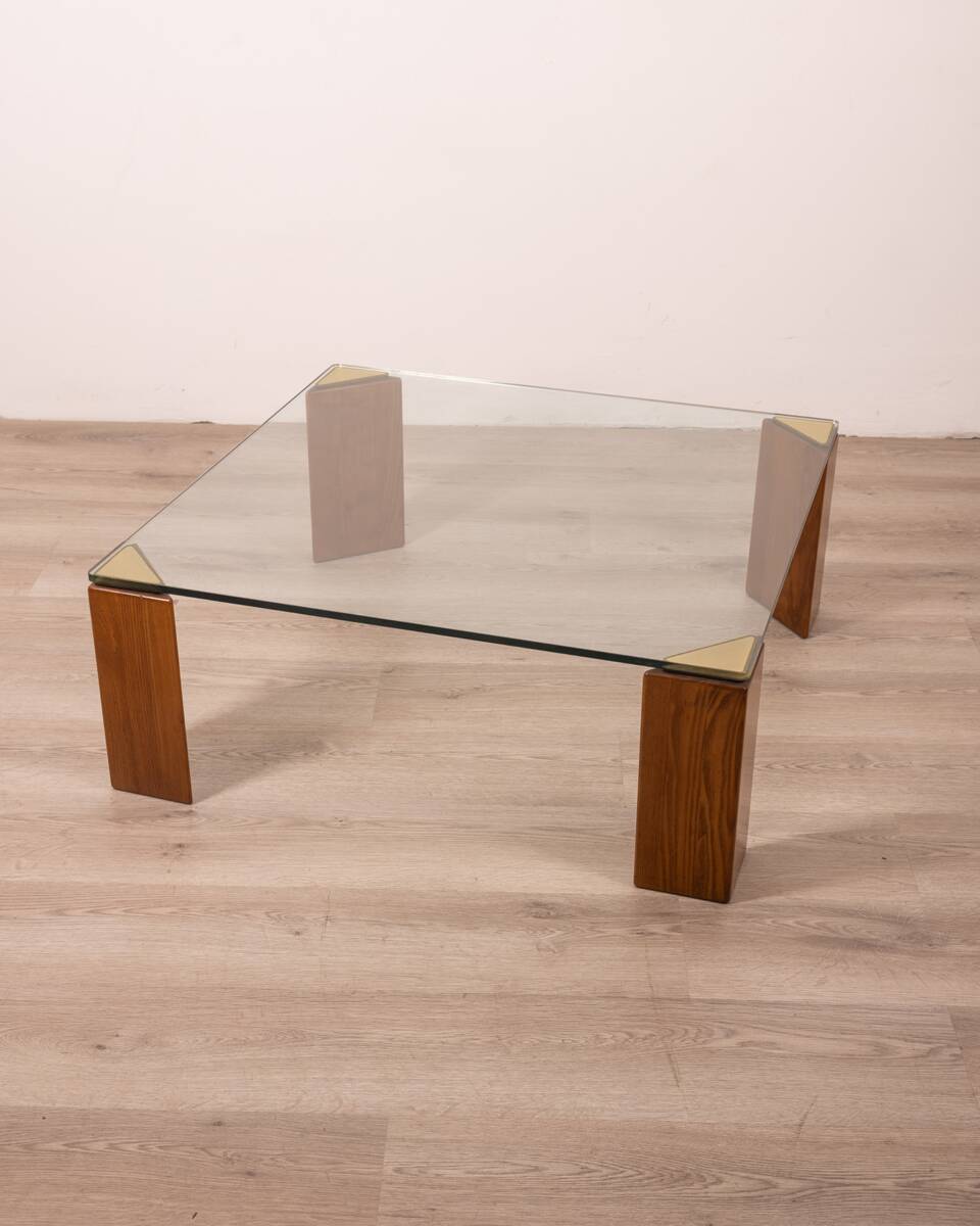 Vintage 80's table in wood, brass and glass, italian design