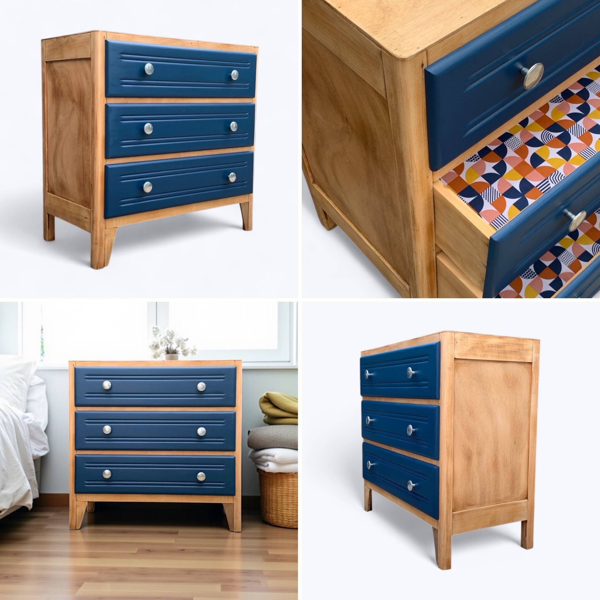 Art Deco chest of drawers in raw wood and blue, 1940