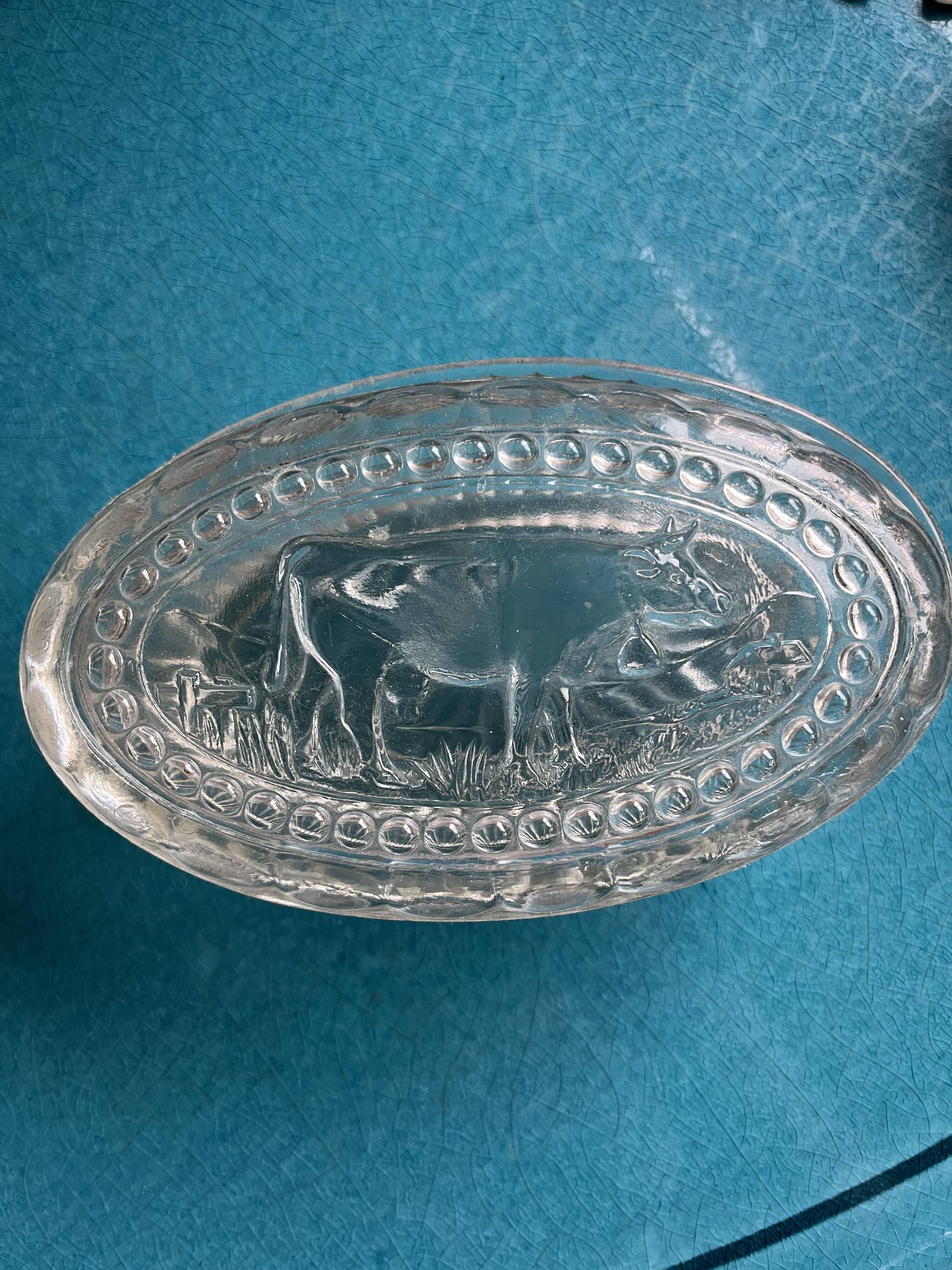 Glass butter dish with cow pattern