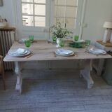 Console, solid walnut table, foldable extensions, grey patinated legs.
