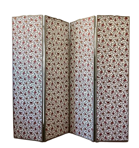 Antique 4-panel screen in pine, restored, "Grand Teint furniture" fabric.