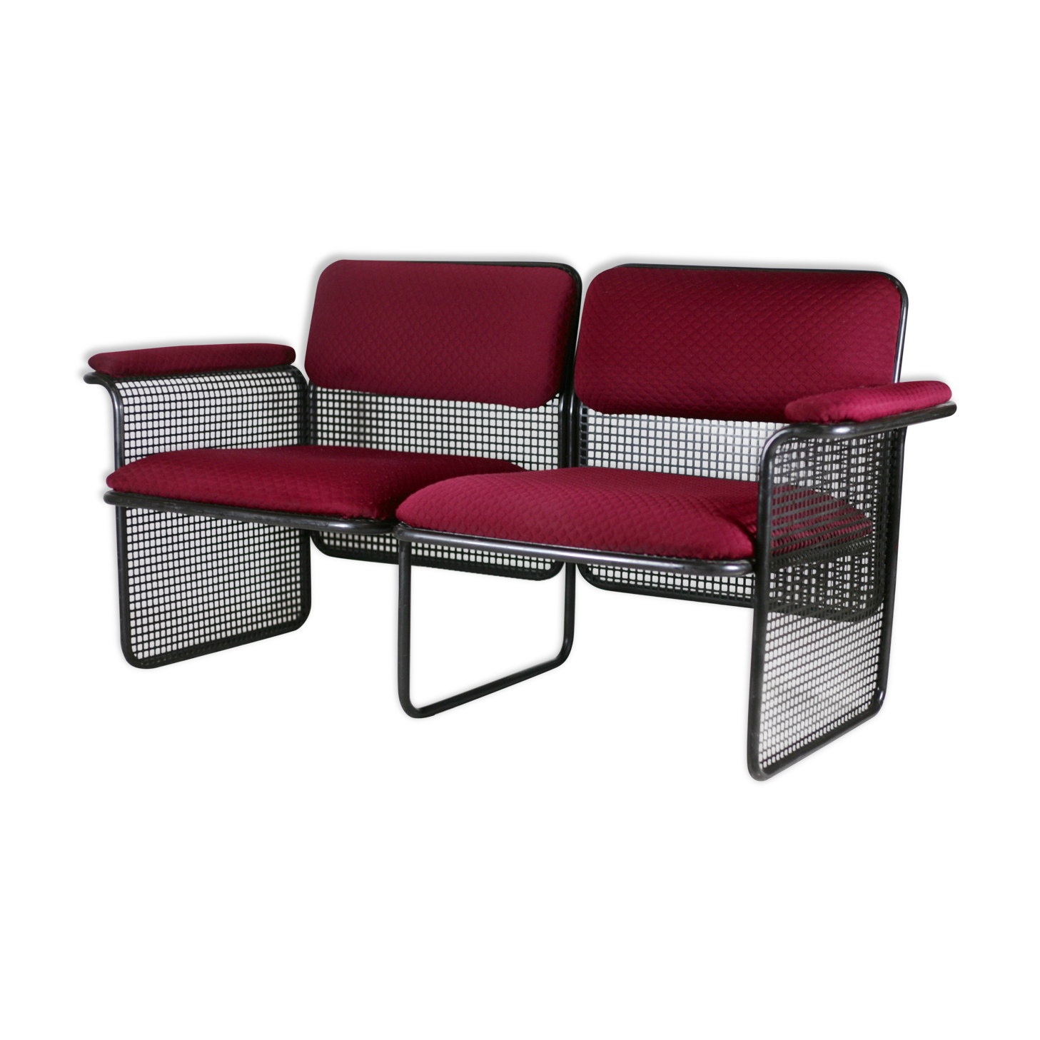 Black honeycomb steel sofa, burgundy fabrics, Italy, circa 1970