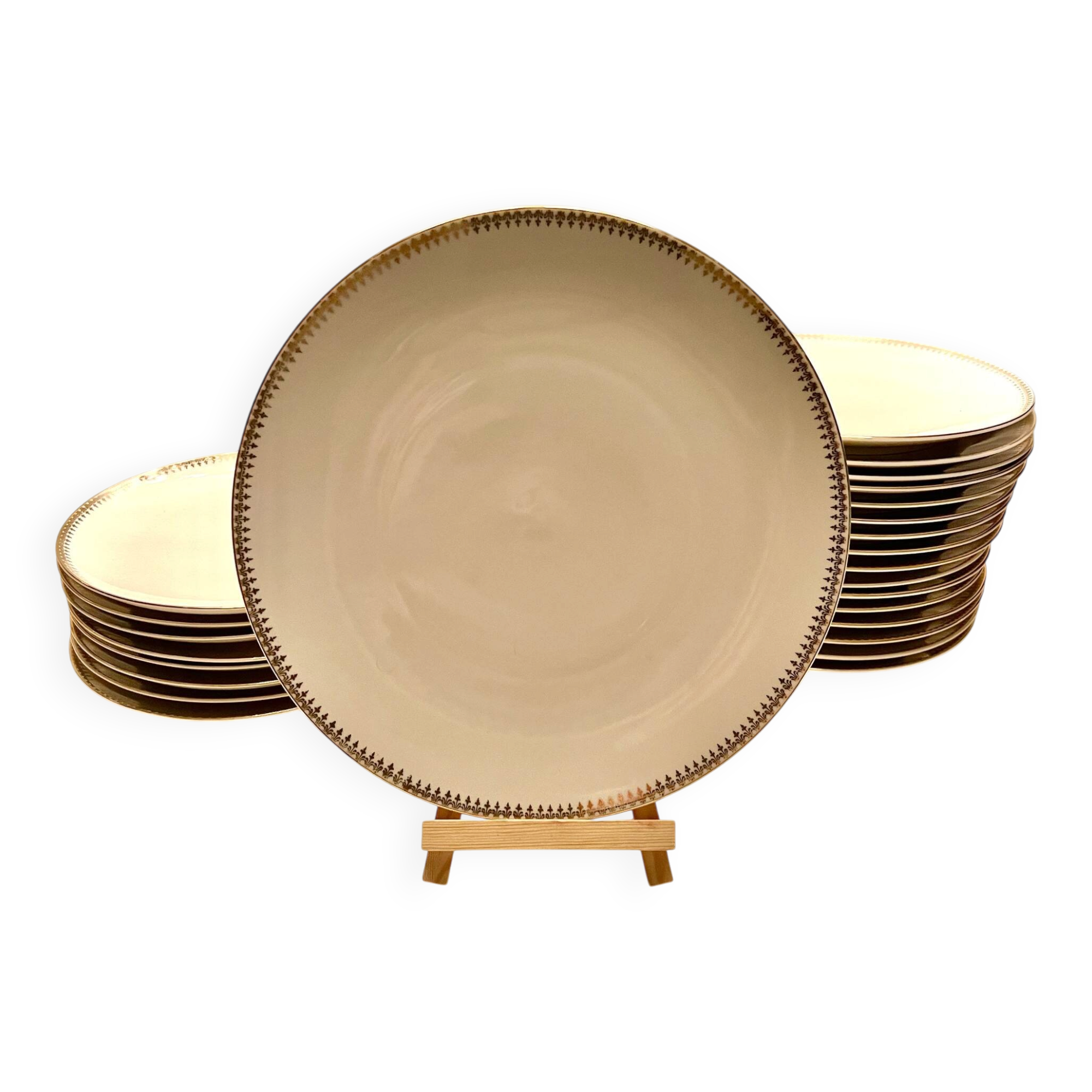 24 plates and a vintage porcelain dish decorated by Lucien Engel.