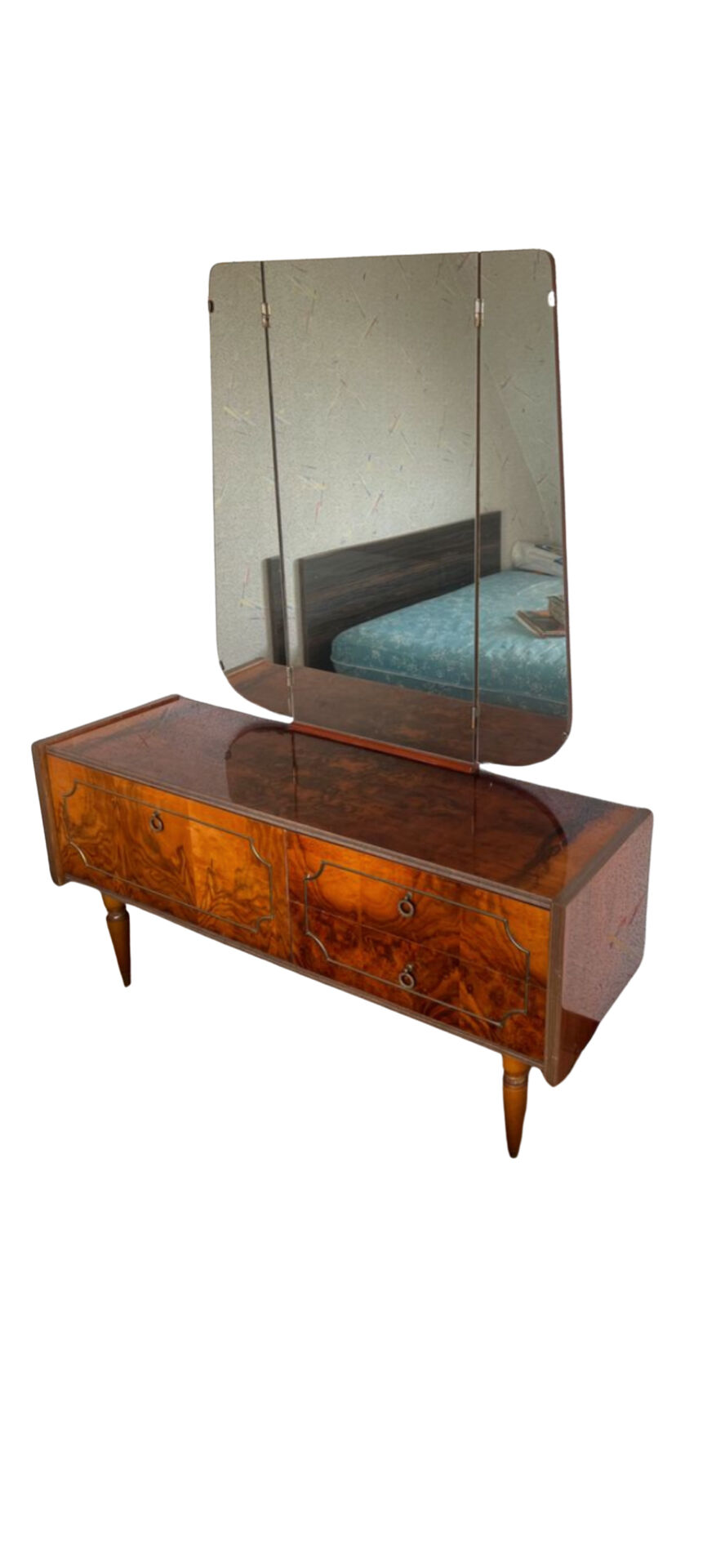 Coiffeuse ronce de noyer, triple miroir & laiton -Regency/ Art Déco