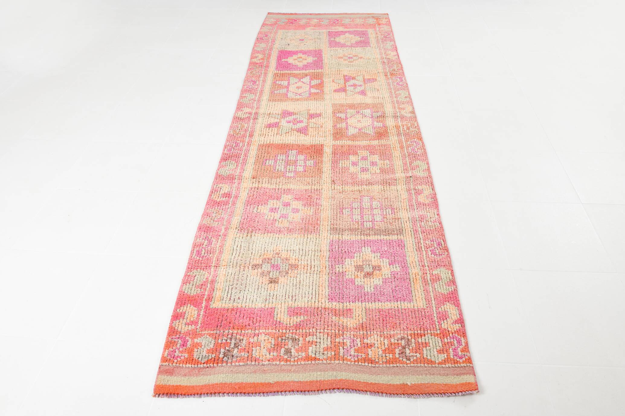 Pink & Orange Vintage Turkish Runner Rug, 103x326Cm