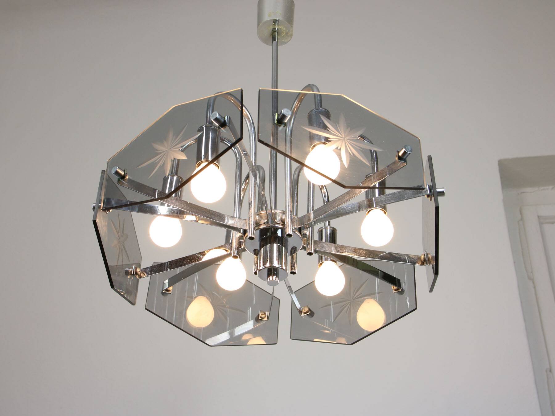 Vintage Italian Chrome and Glass Chandelier, 70s