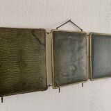 Vintage 1920s triptych barber mirror in gold and green faux crocodile leather - 37 x 87