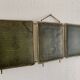 Vintage 1920s triptych barber mirror in gold and green faux crocodile leather - 37 x 87