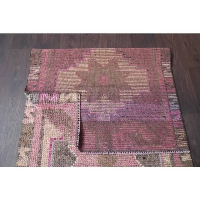 Vintage Turkish hand-knotted wool cotton pink runner rug 88x283