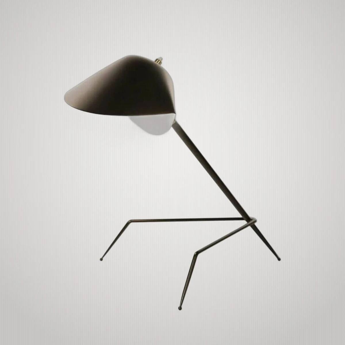 Serge Mouille tripod desk lamp, metallic finish table lamp.