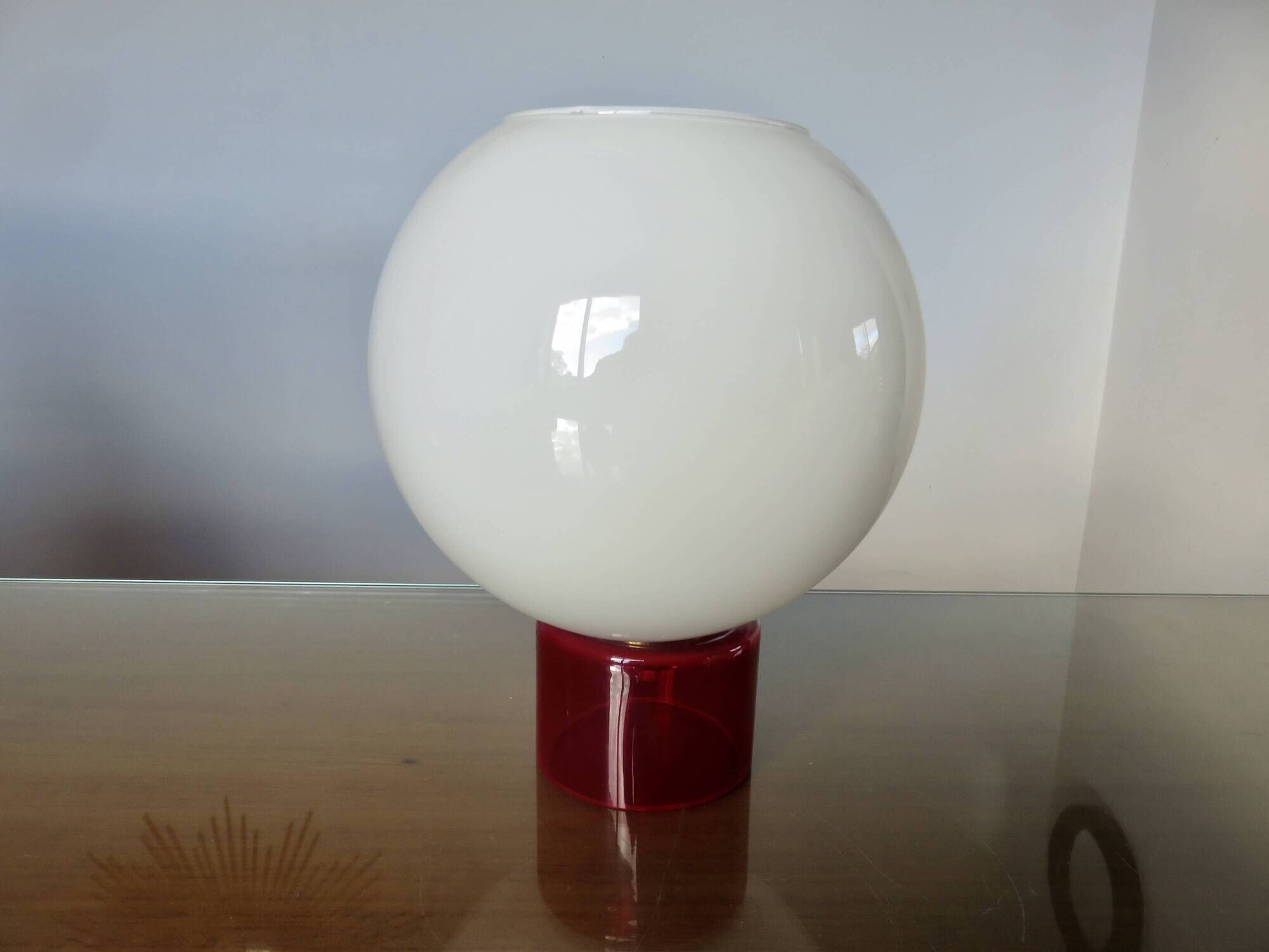 70s lamp in white opaline and translucent red glass