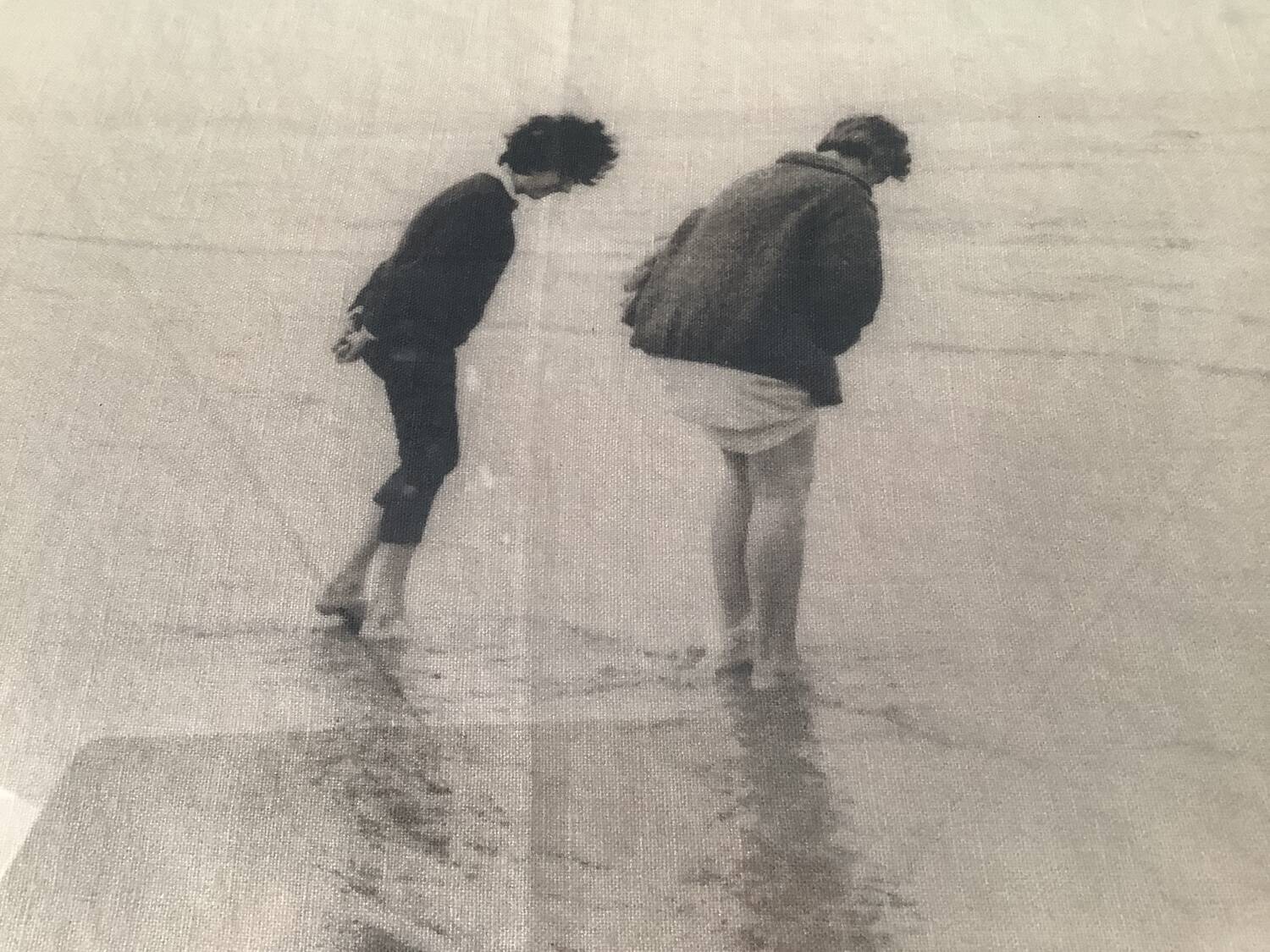 Black and white photo on fabric, framed