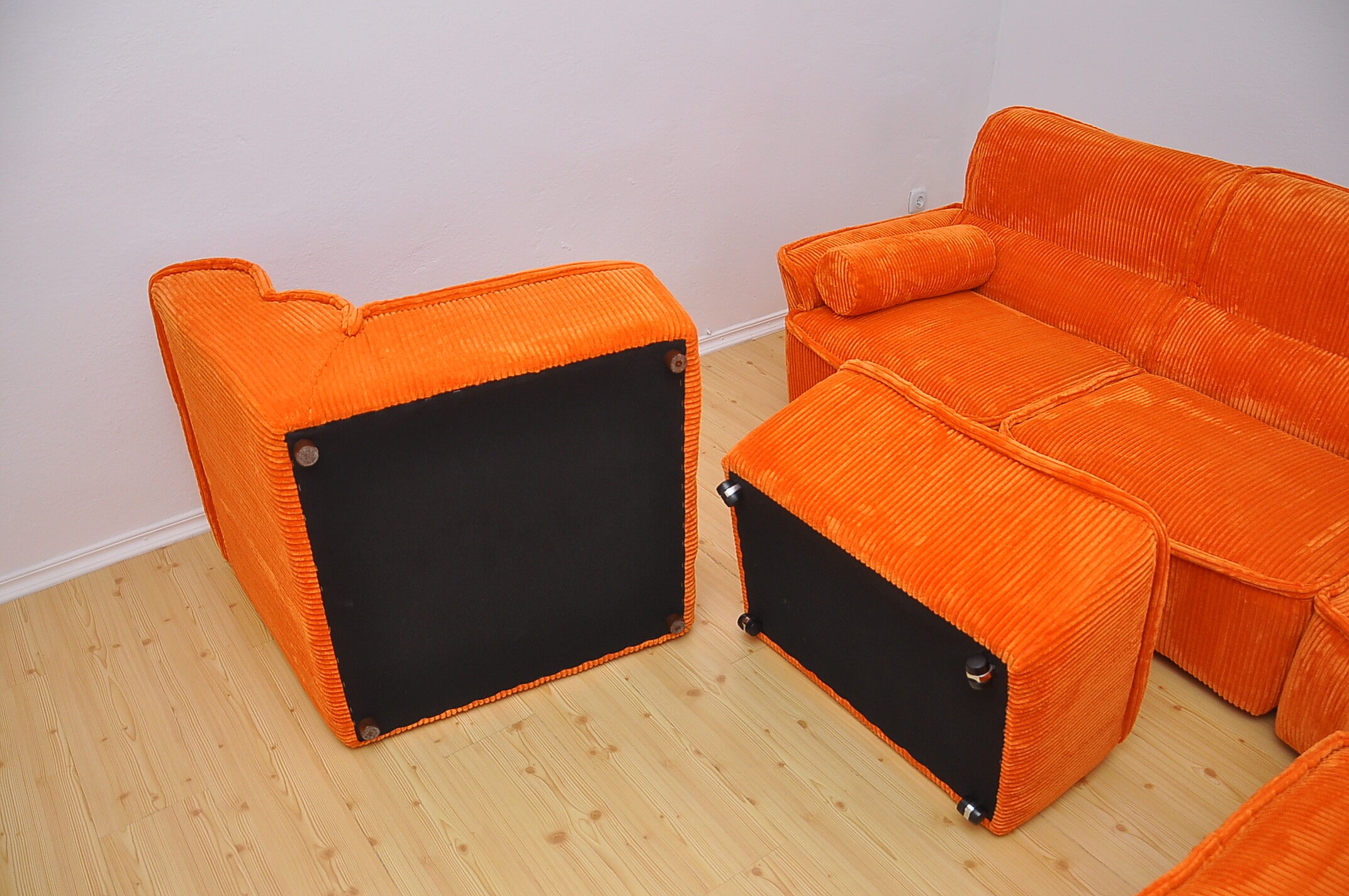 Laauser orange corduroy modular sofa, 70s