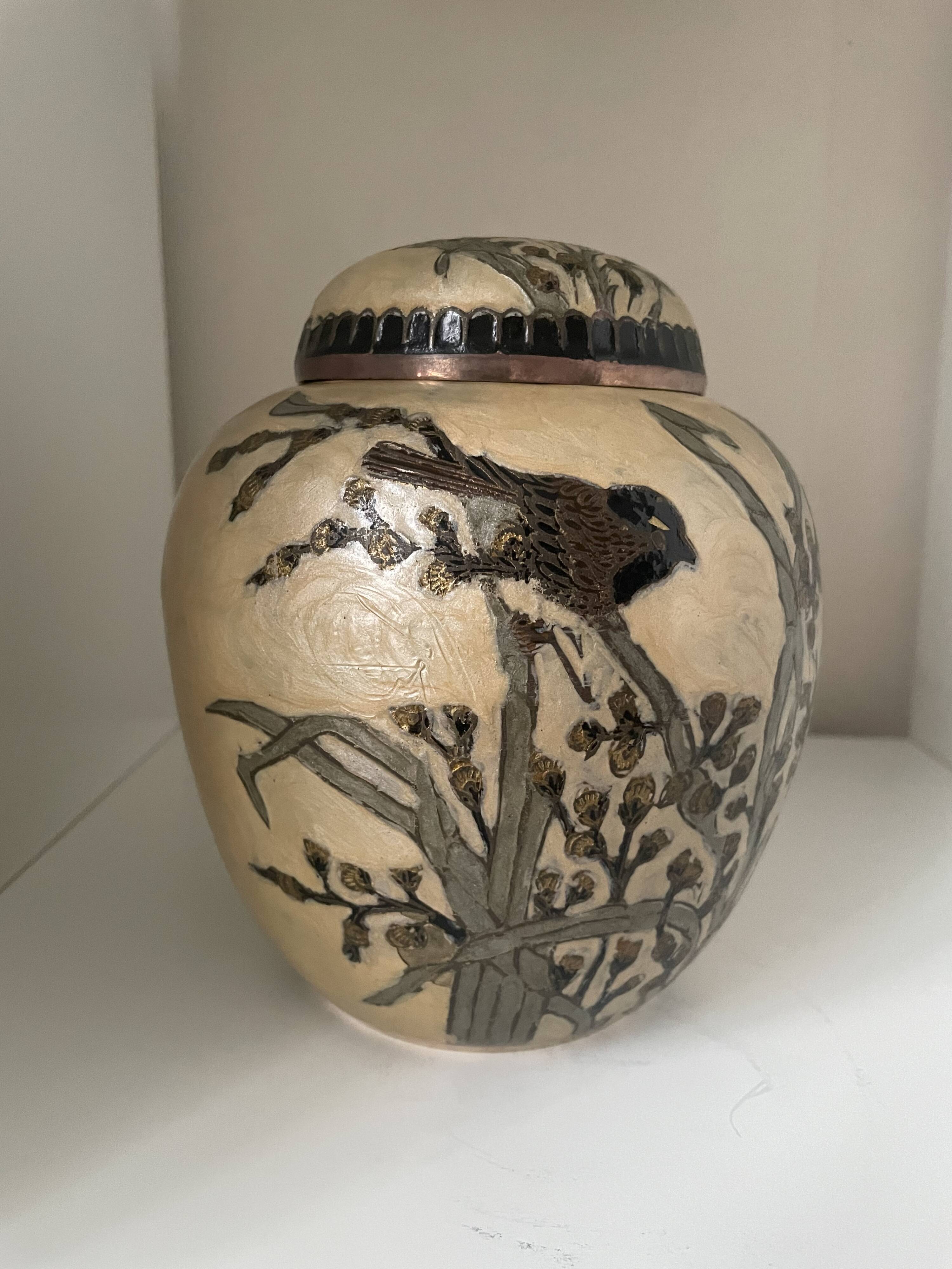 Enameled brass lidded pot