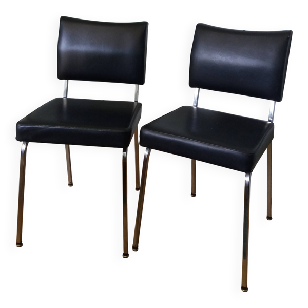 Chaises métal chromé et skaï simili-cuir noir style moderniste rétro