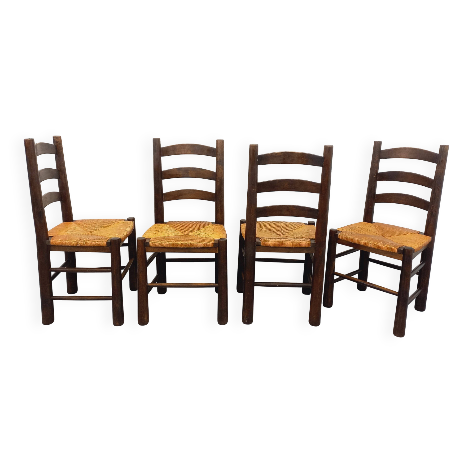 Set of 4 vintage brutalist chairs by Georges Robert in wood and straw.