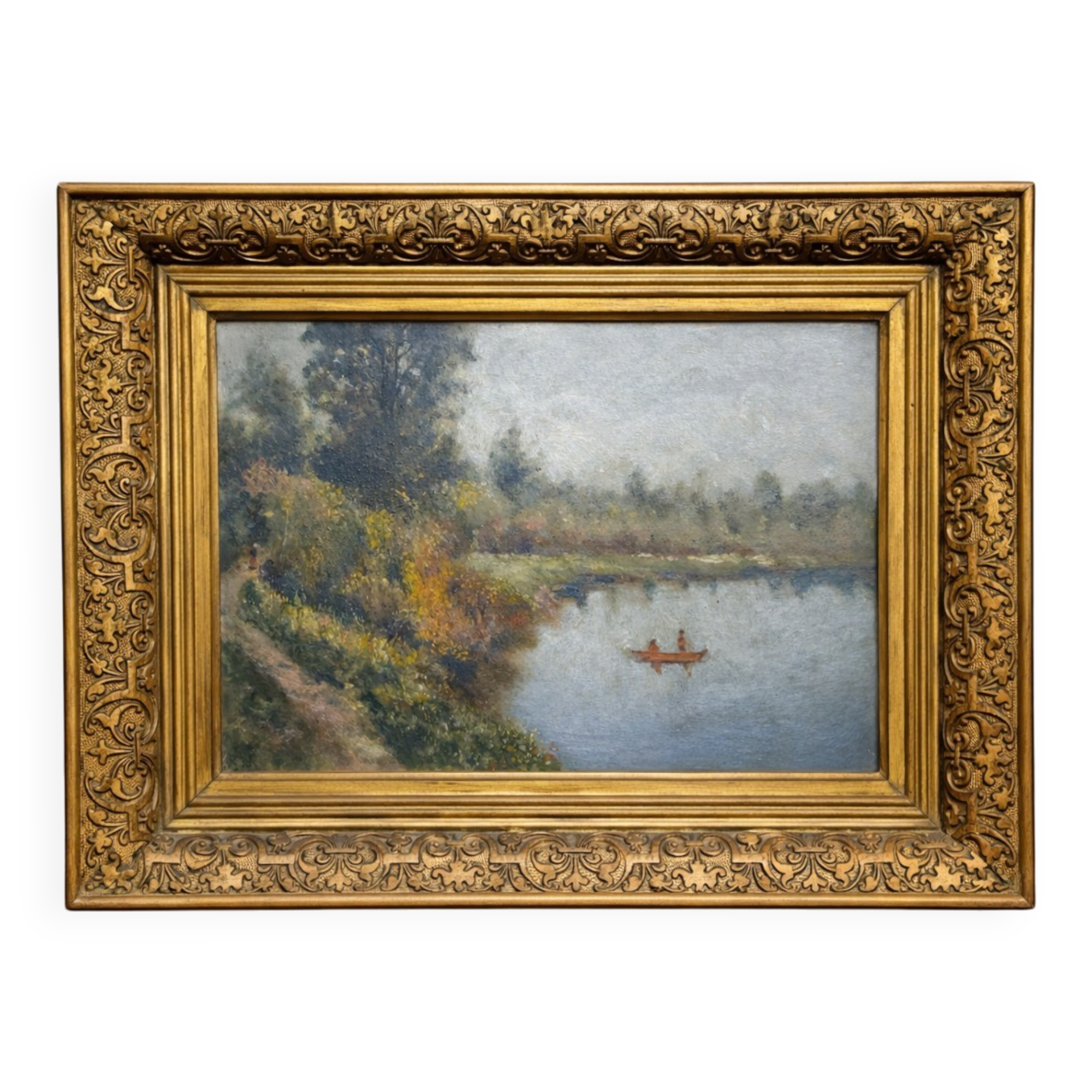 Oil on panel antique – waterside landscape – antique gilded frame
