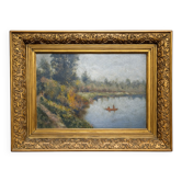 Oil on panel antique – waterside landscape – antique gilded frame