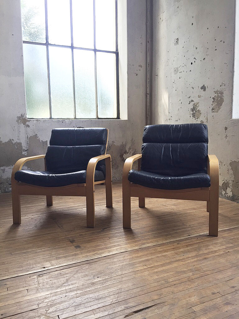 Danish sofa and armchairs curved wood and leather