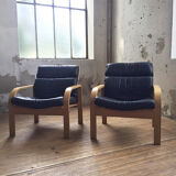 Danish sofa and armchairs curved wood and leather