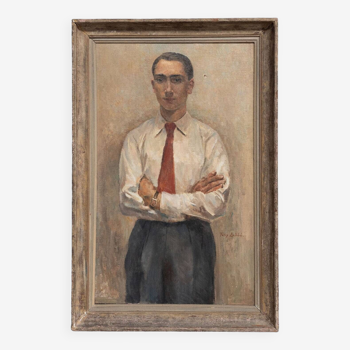 Huile sur toile par Félix Labbé portrait sur pied de jeune homme 1930