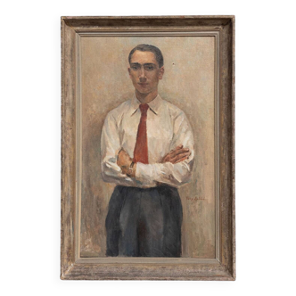 Huile sur toile par Félix Labbé portrait sur pied de jeune homme 1930