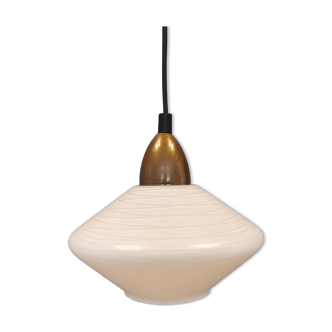 Danish hanging lamp, made of twisted milk-white glass with brass top.