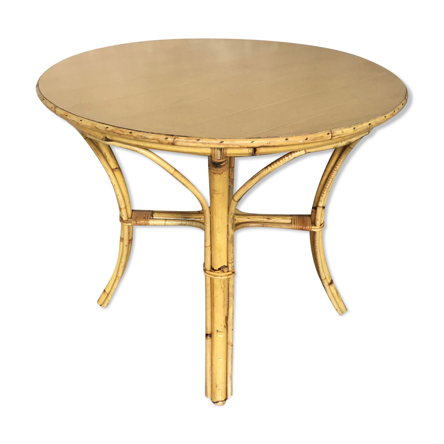 Round rattan dining table - formica top - vintage 1960