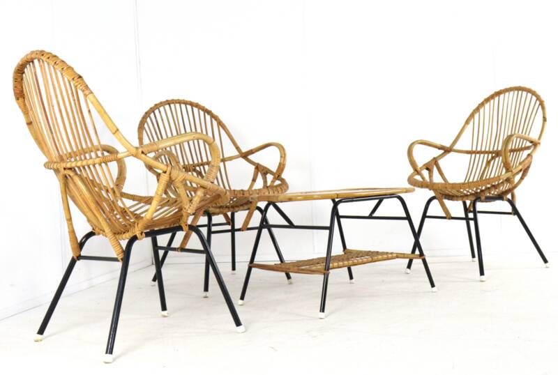 Set of 3 rattan chairs + coffee table - mid century dutch design