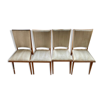 Set of 4 chairs in wood and beige leather textured effect