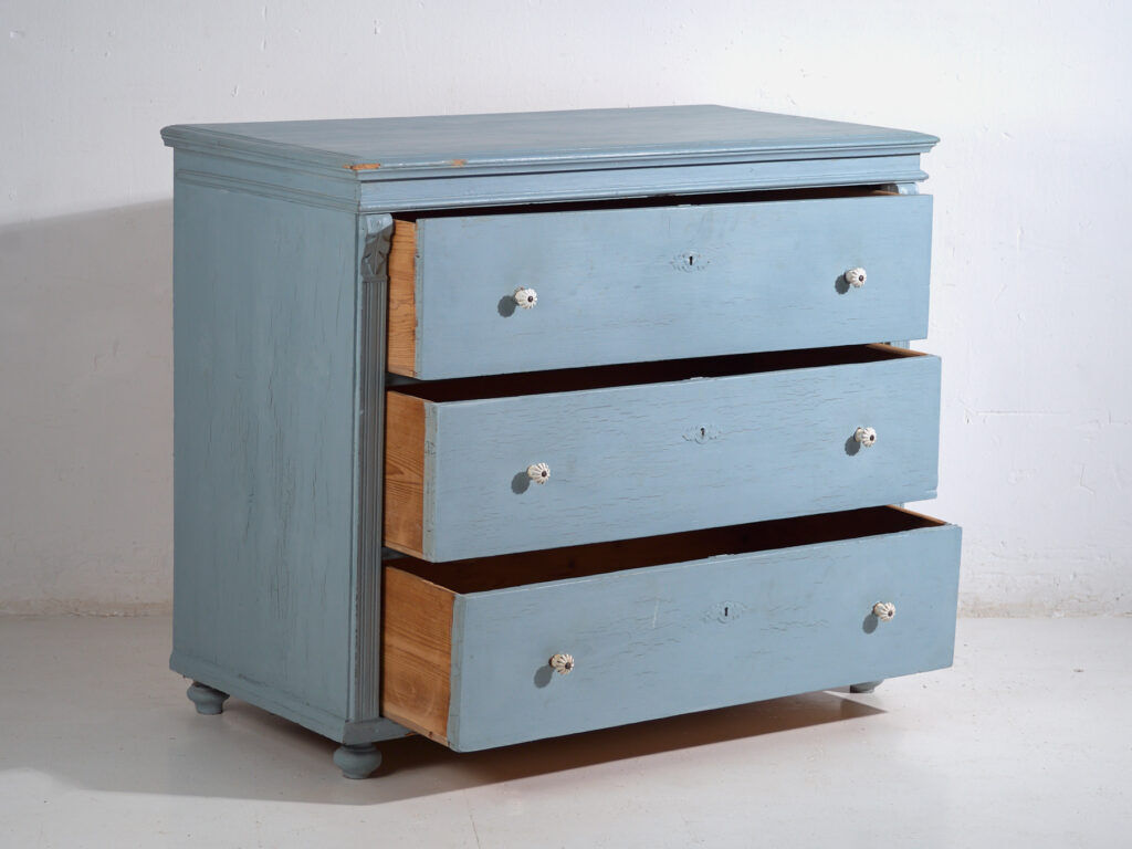 Antique painted pine chest of drawers – European rustic blue chest of drawers – circa 1900