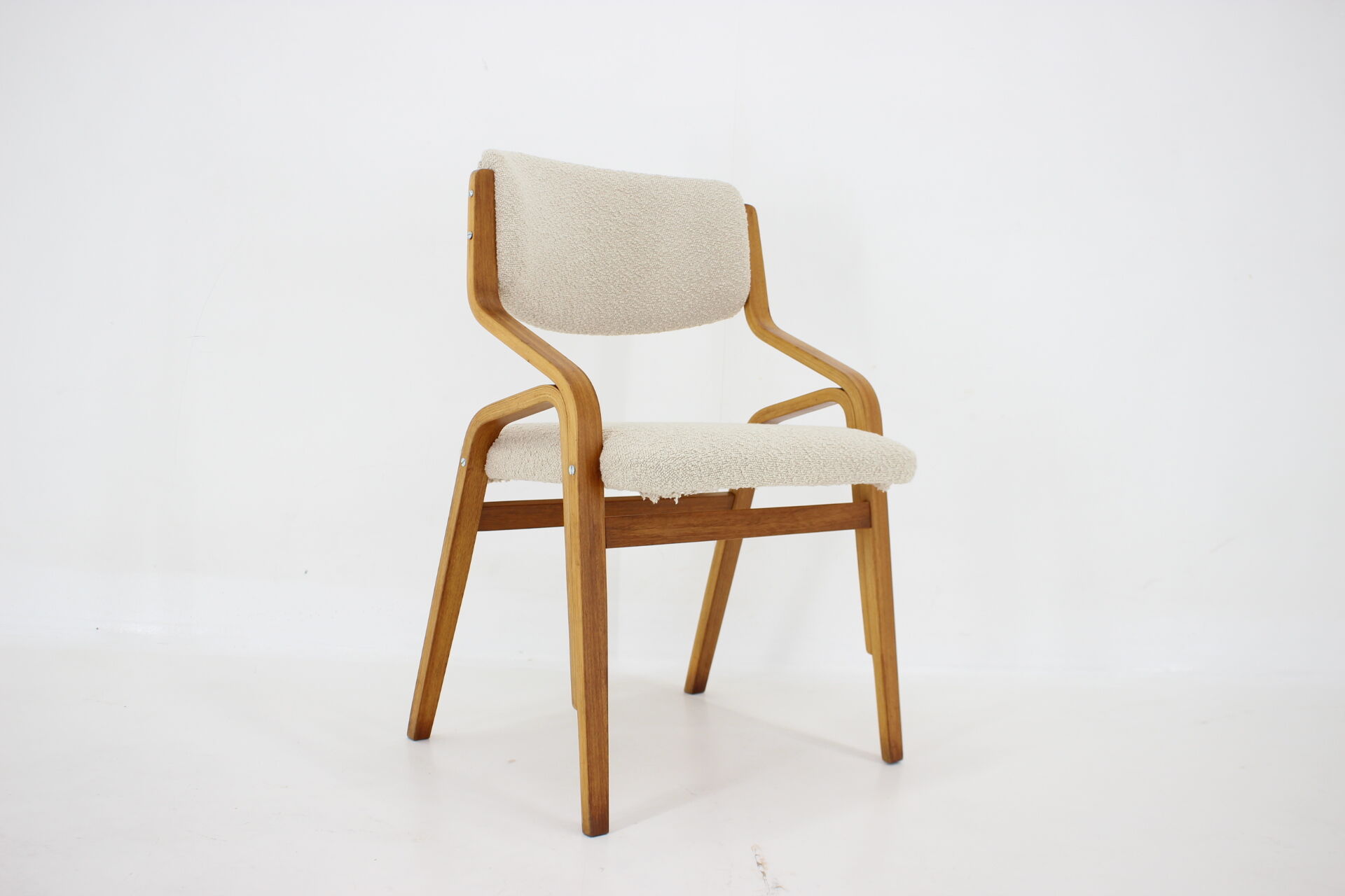 1970s ludvík volák four bentwood dining chairs in boucle fabric, czechoslovakia