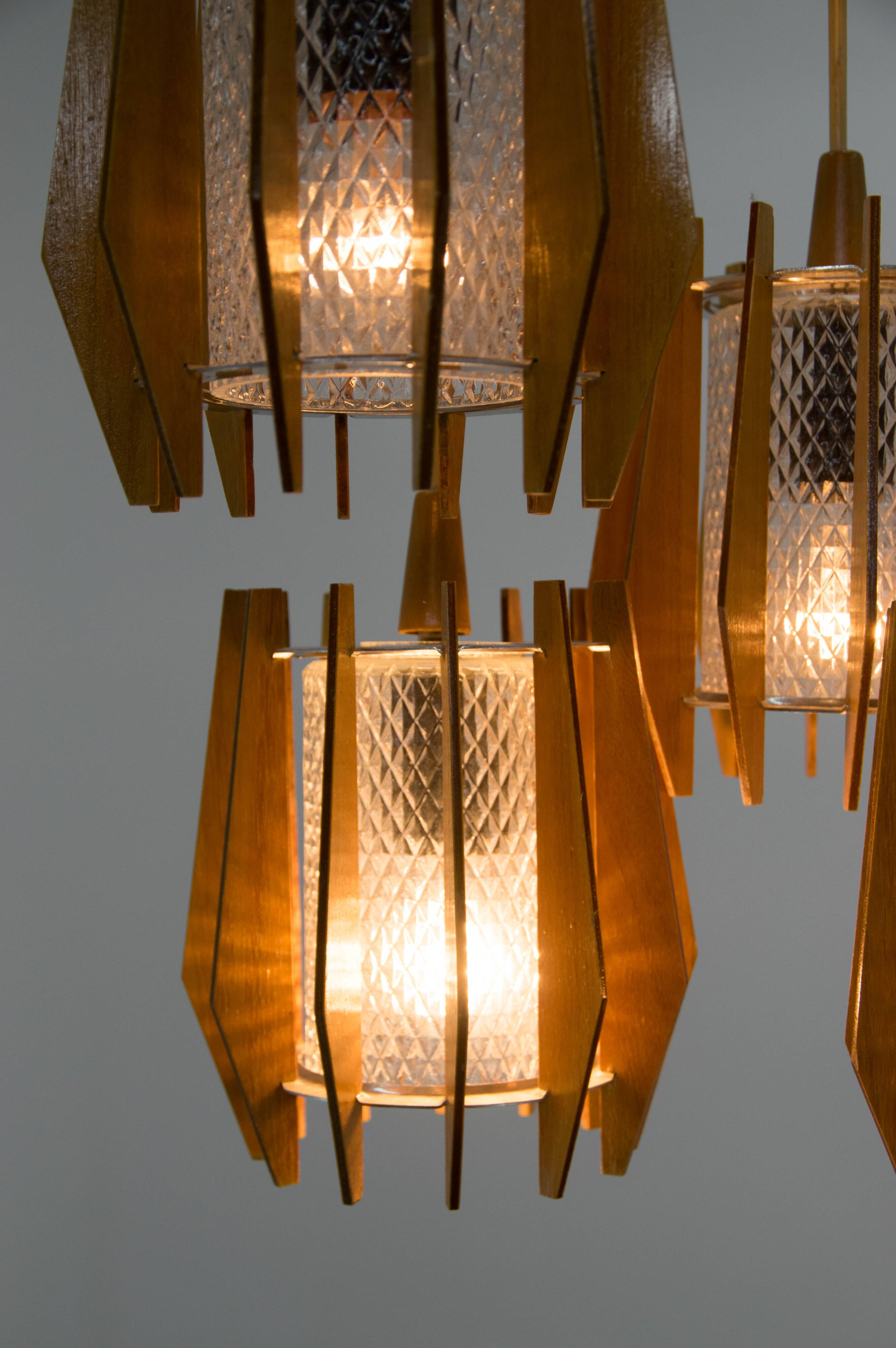 1970s Czechoslovakian Chandelier & Wall Lamp by Dřevo Humpolec