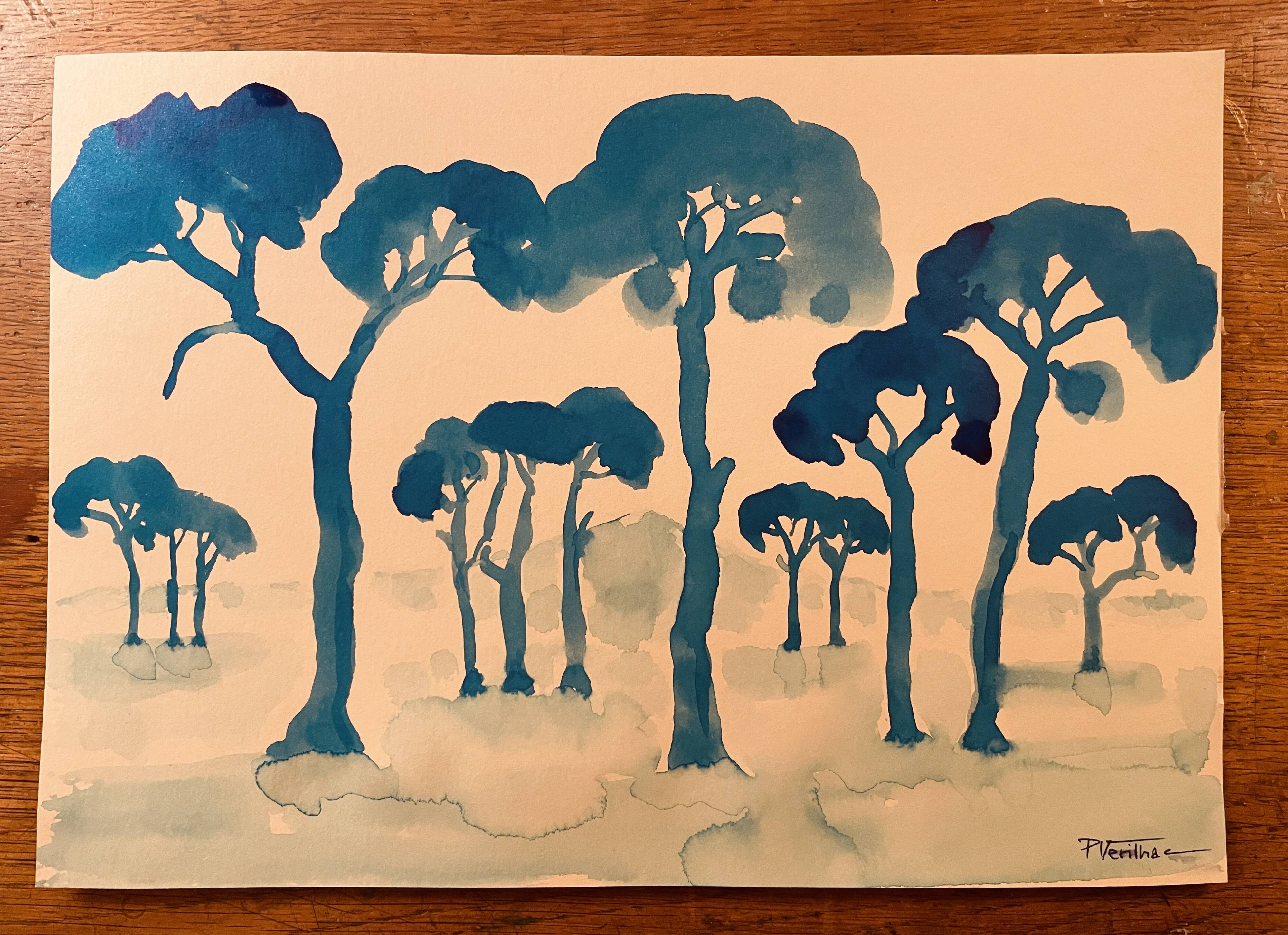 Tableau signé aquarelle coucher de soleil sur le Mont Ventoux Provence