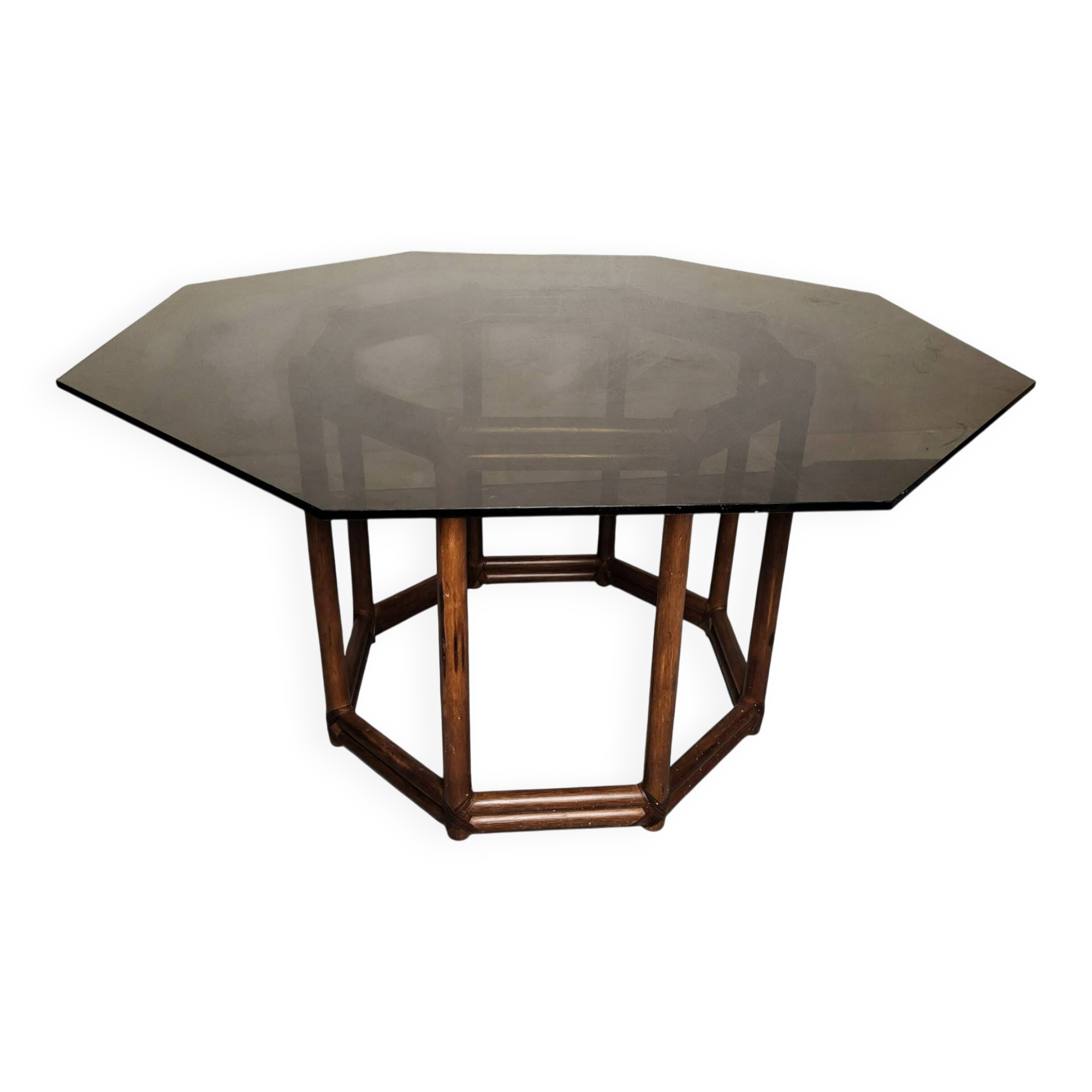 Bamboo-style wooden table with smoked glass top, 1970s