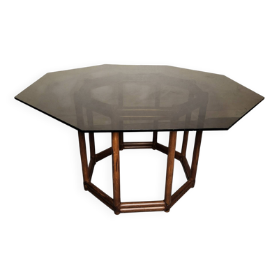 Table bois façon bambou verre fumé 1970
