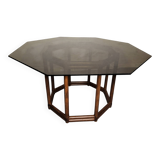 Bamboo-style wooden table with smoked glass top, 1970s