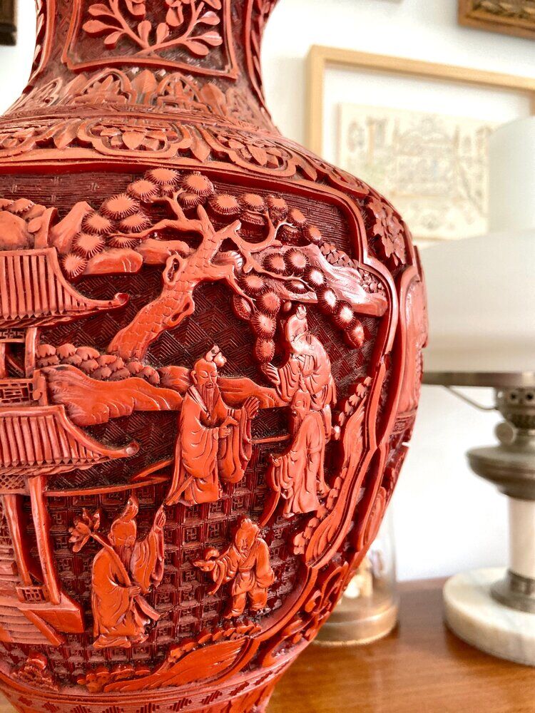 Asian metal vase and red resin