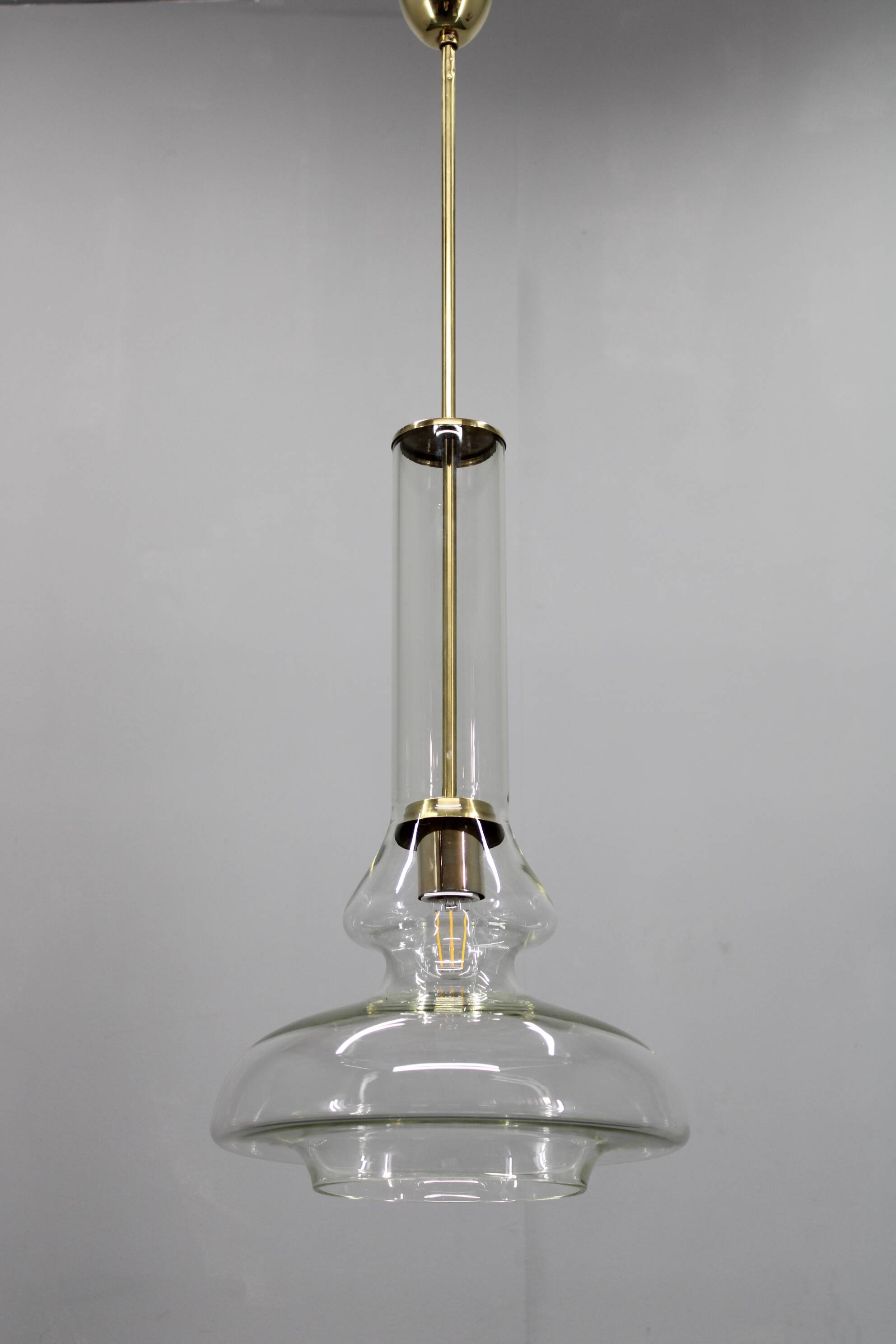 Mid-century Czech glass pendant light brass finish 1970s modern rewired