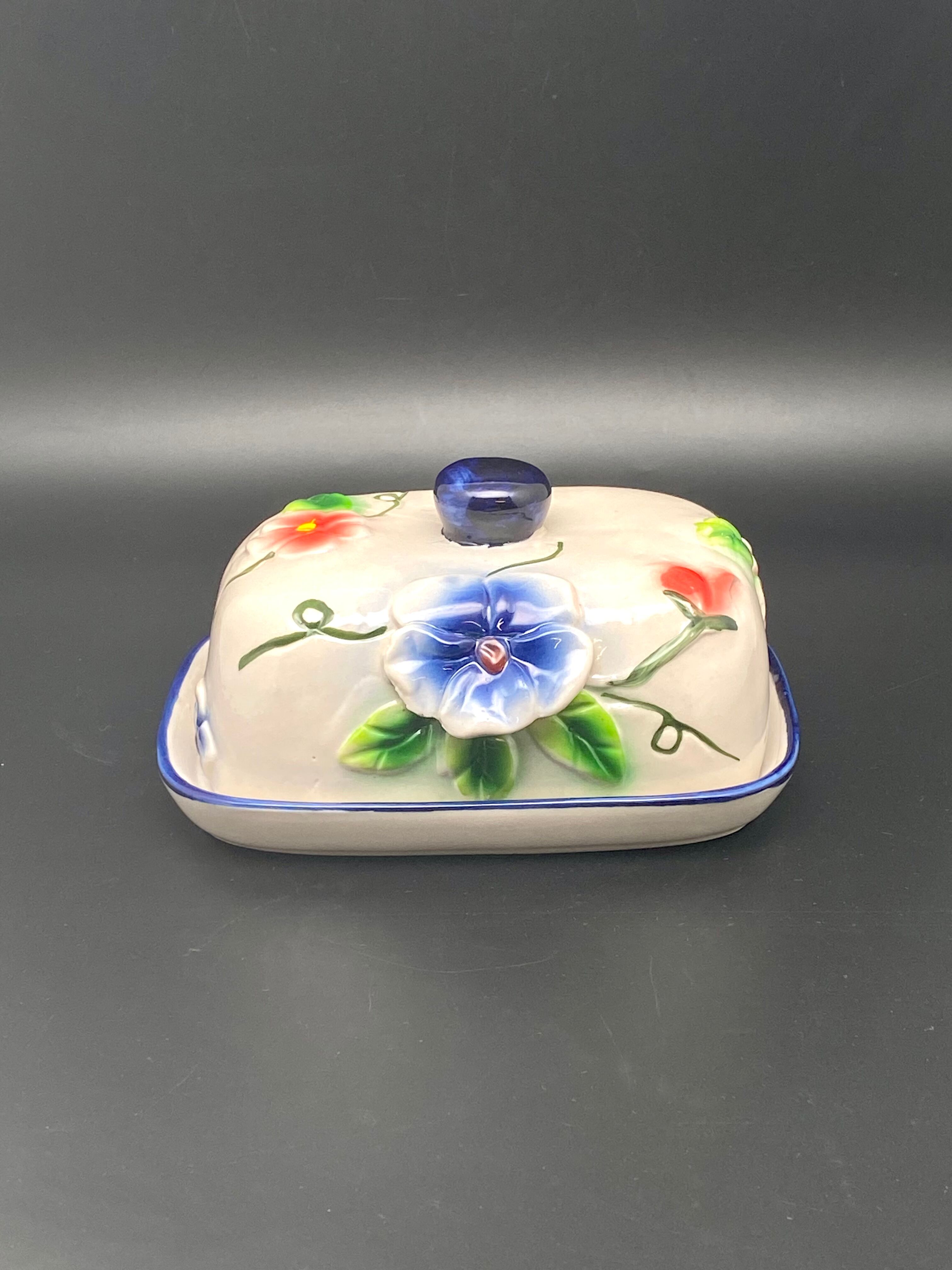 Ceramic butter dish with colored flowers