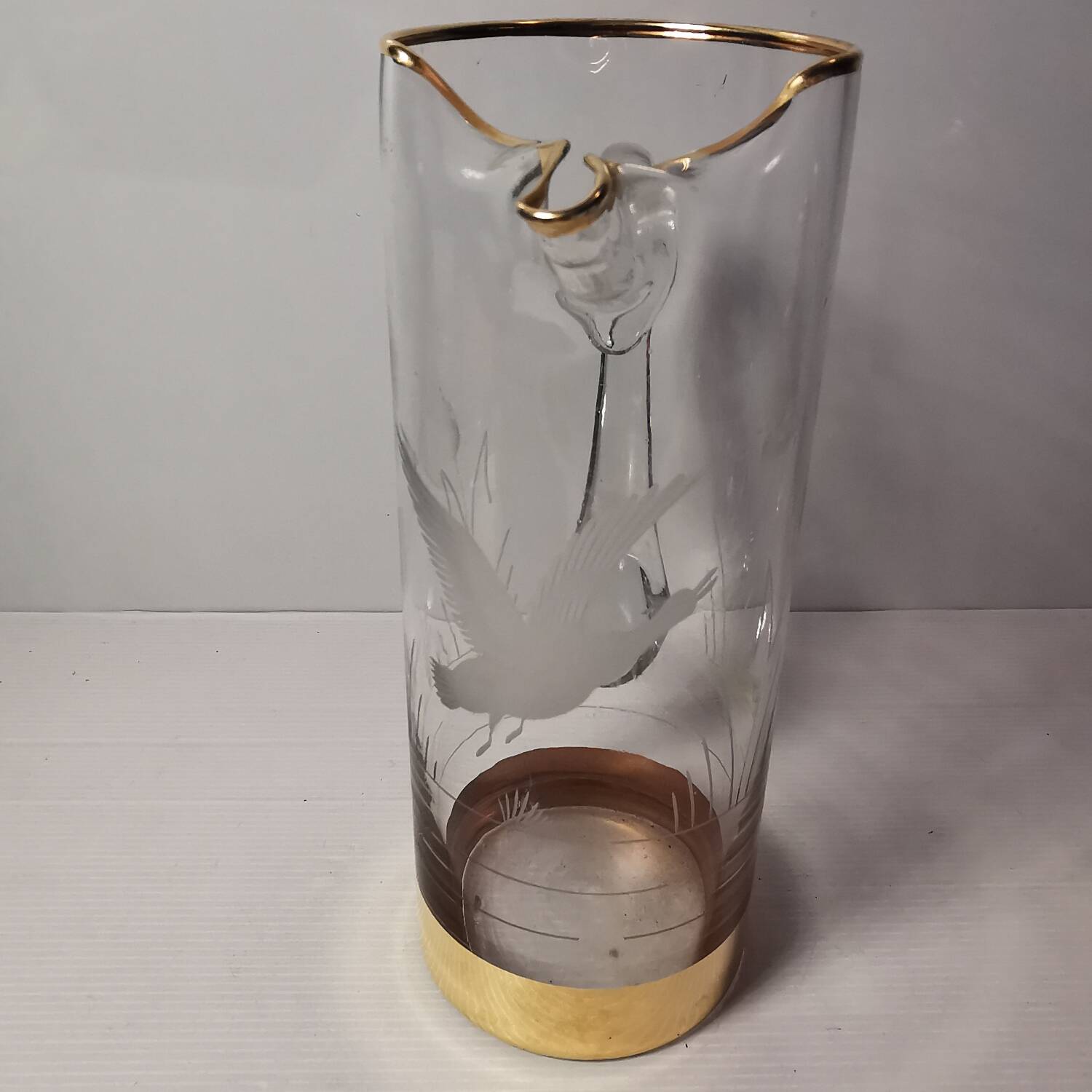 Vintage Engraved Glass & Crystal Pitcher with Duck and Reeds, Gilding