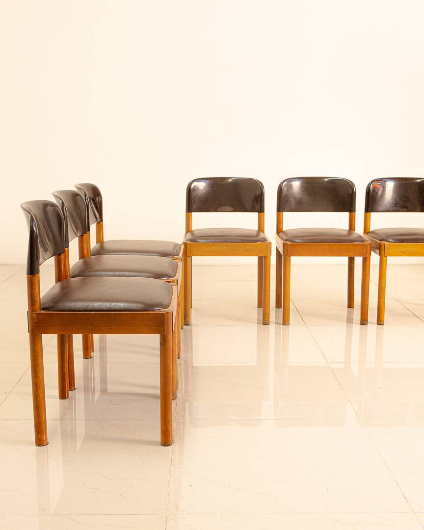 Set of 6 wooden and leather chairs by Piarotto Italy 80's