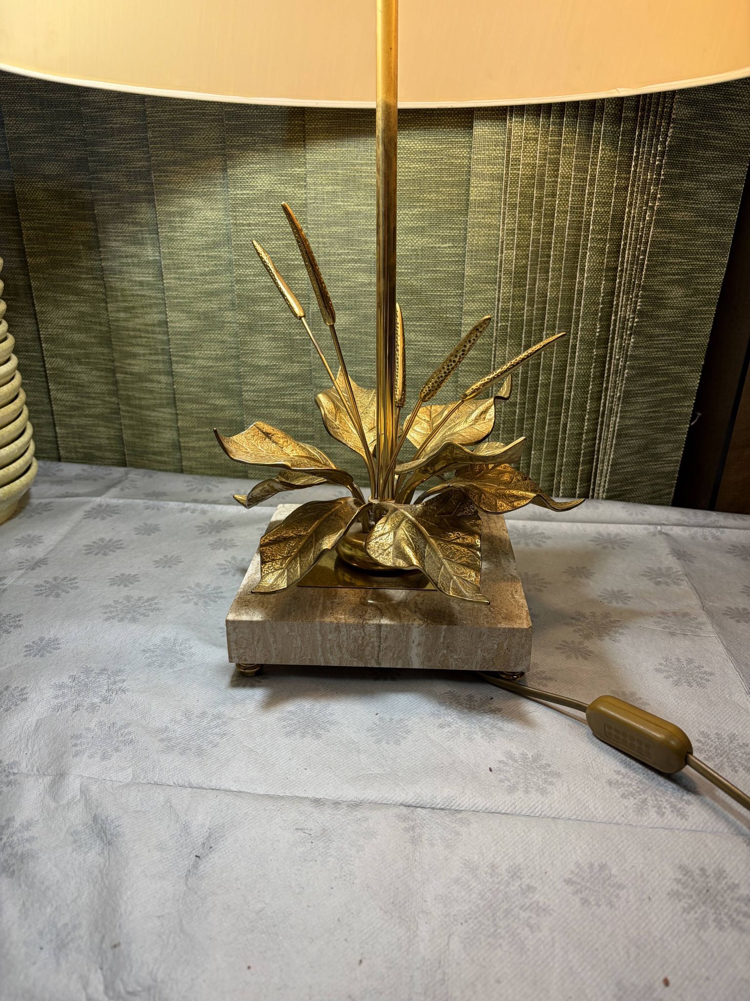 Bronze and travertine water lily lamp attributed to Maison Charles, circa 1970.