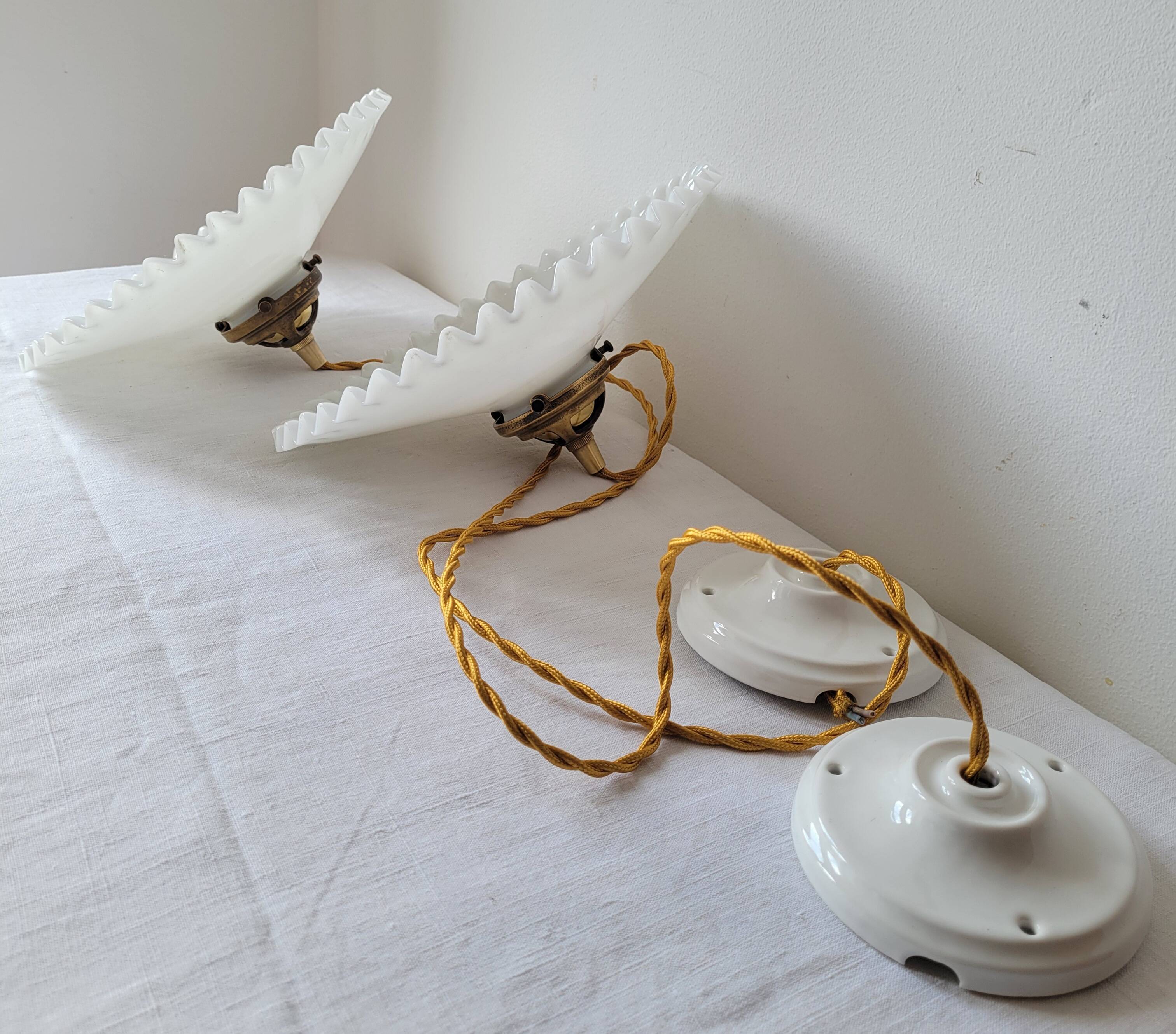 Duo of white opaline pendant lights