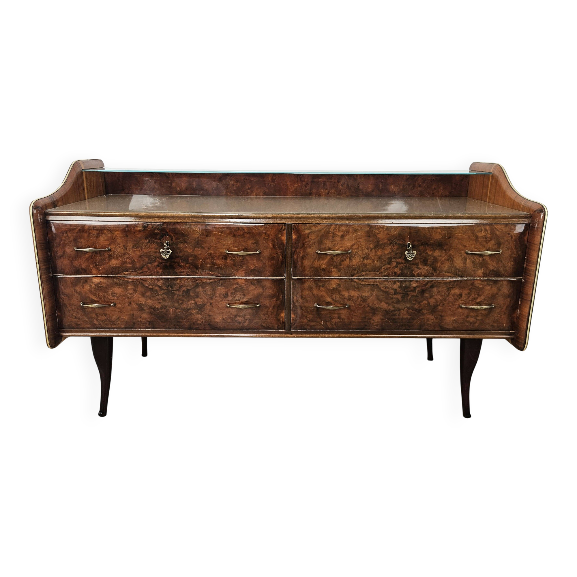 Commode en noyer avec dessus en verre double.