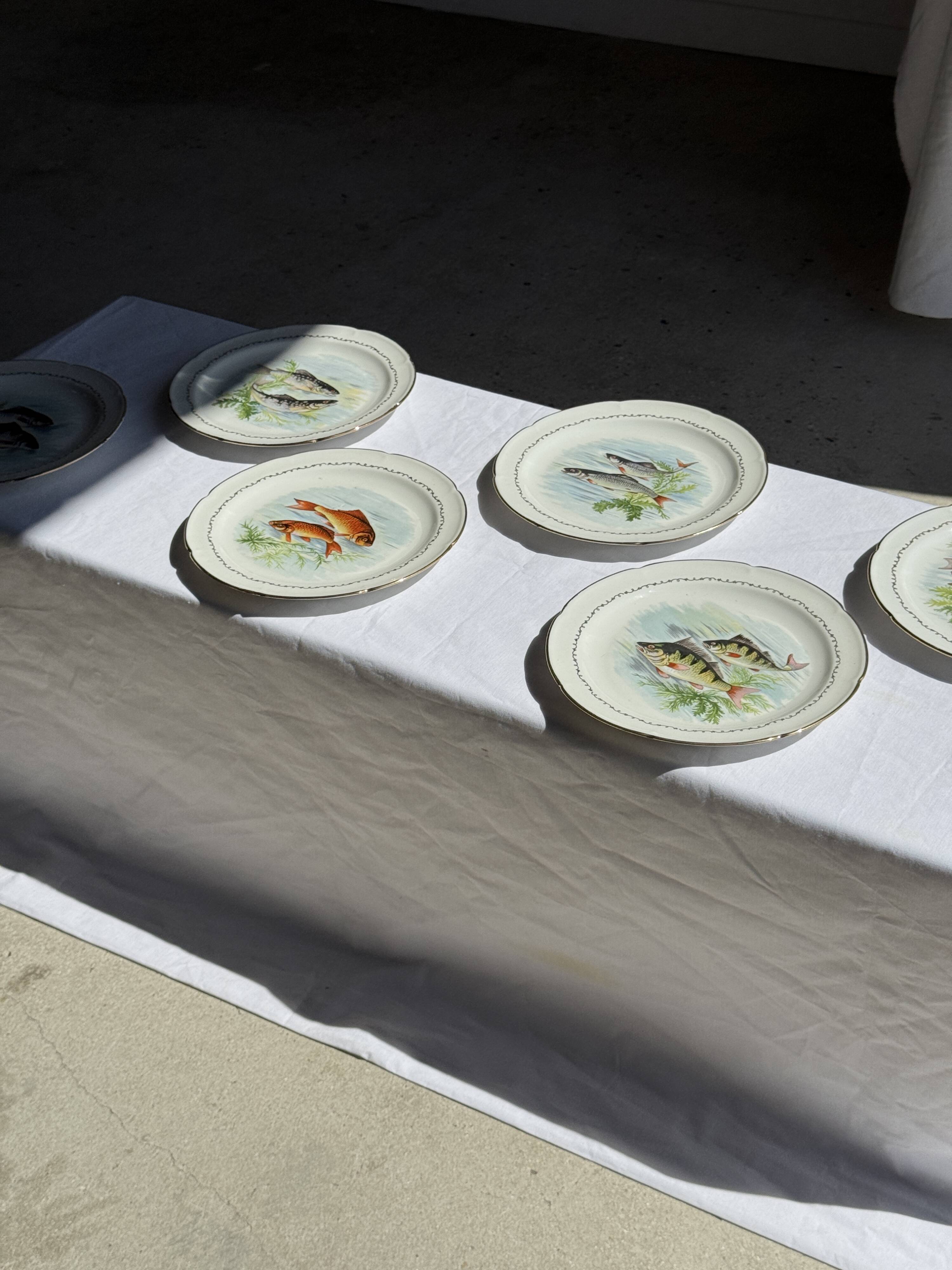 Set of 6 vintage Limoges porcelain plates with fish design.